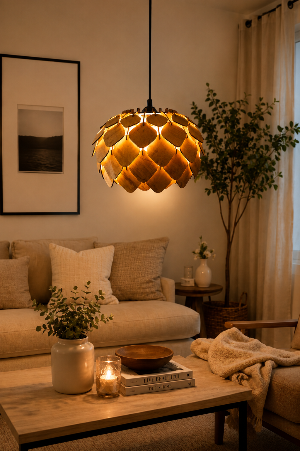 Artichoke Wood Pendant Light – Layered Petal Scale Hanging Lamp for Dining Room & Living Room