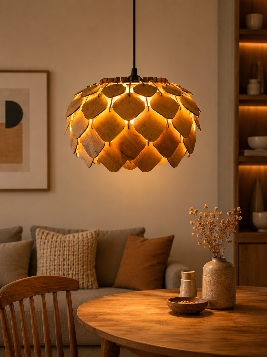 Artichoke Wood Pendant Light – Layered Petal Scale Hanging Lamp for Dining Room & Living Room