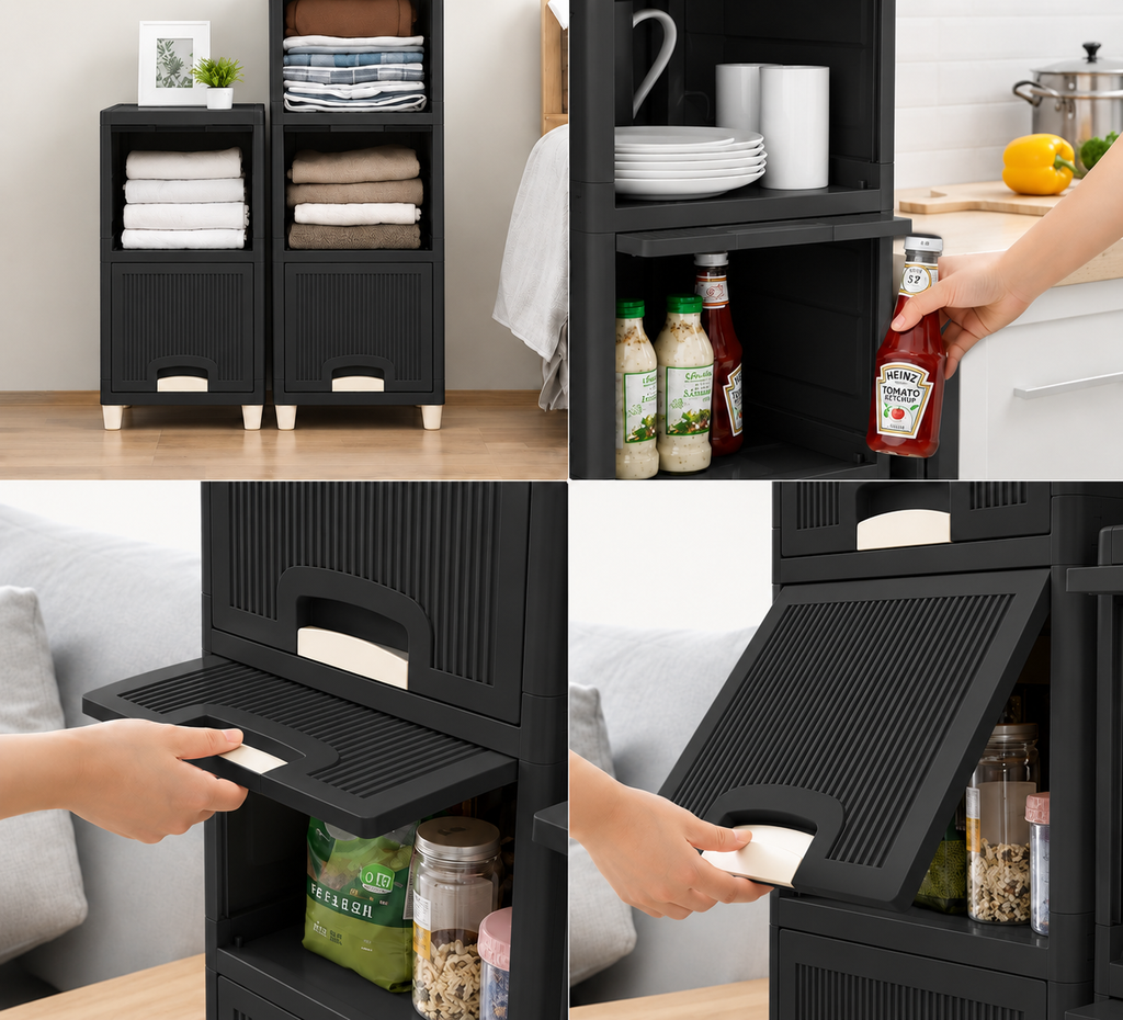 6-Tier Modular Black Storage Cabinet with Ribbed Drawers & Cream Handles