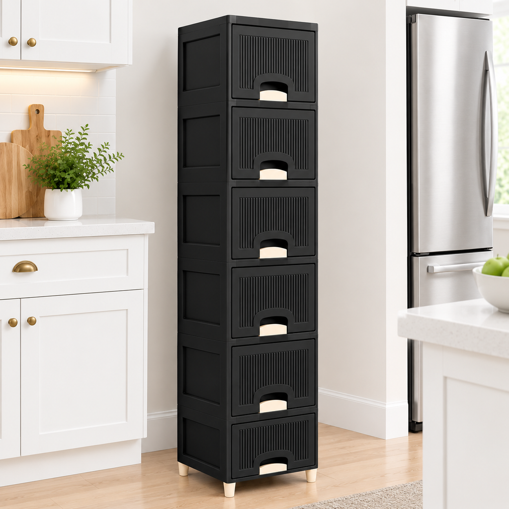 6-Tier Modular Black Storage Cabinet with Ribbed Drawers & Cream Handles
