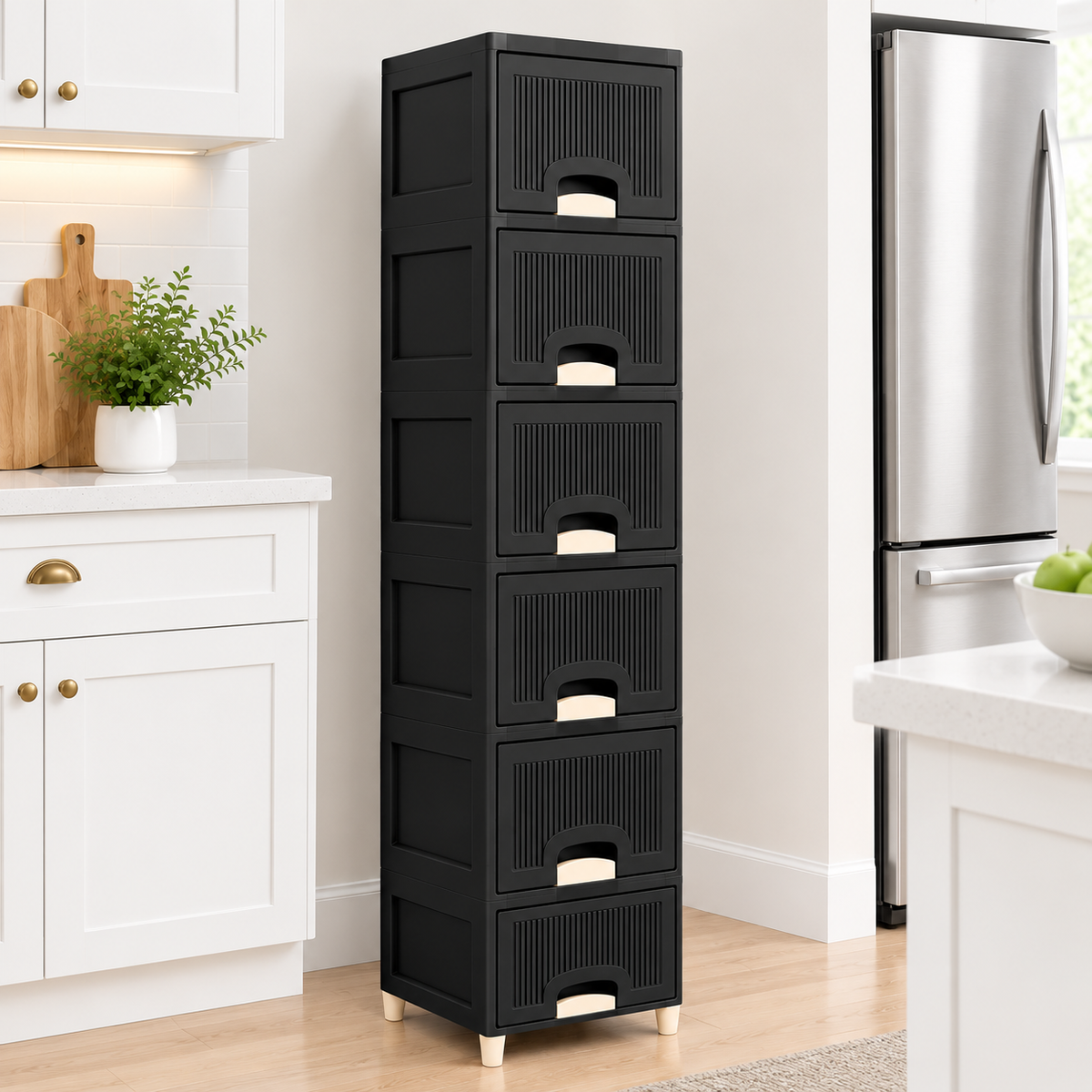 6-Tier Modular Black Storage Cabinet with Ribbed Drawers & Cream Handles