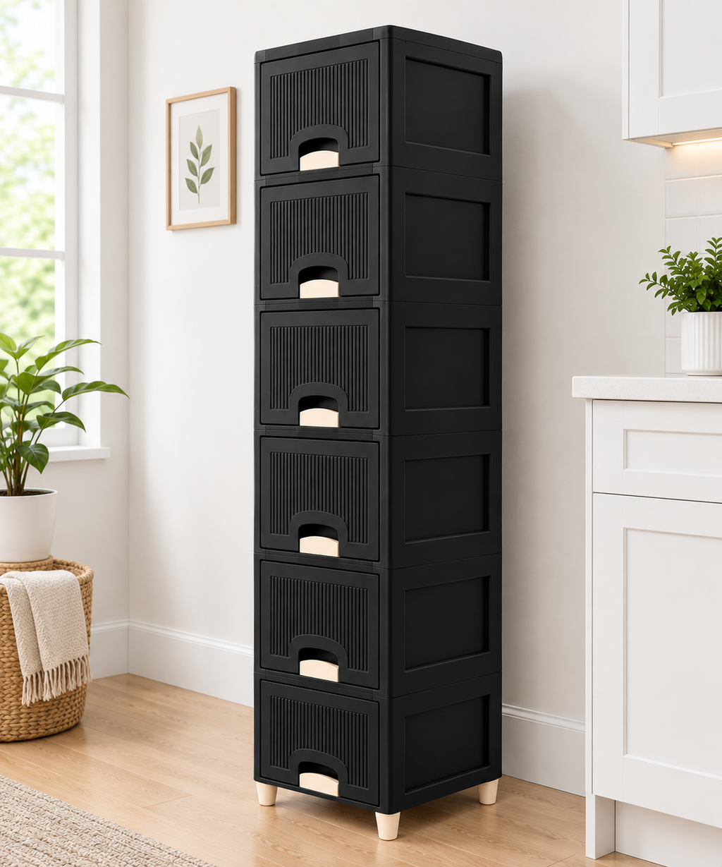 6-Tier Modular Black Storage Cabinet with Ribbed Drawers & Cream Handles