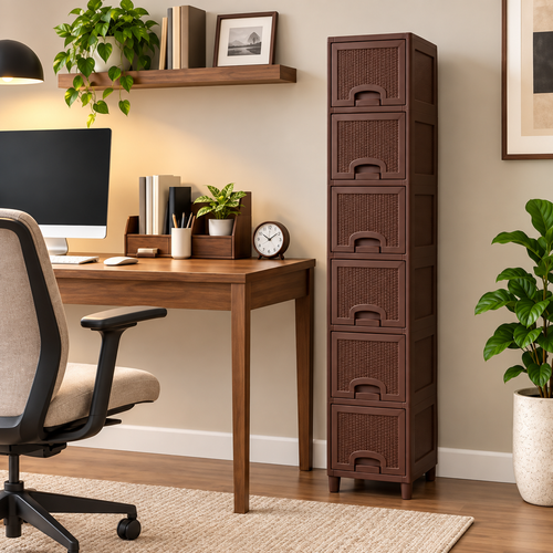 6-Tier Modular Black Storage Cabinet with Ribbed Drawers & Cream Handles