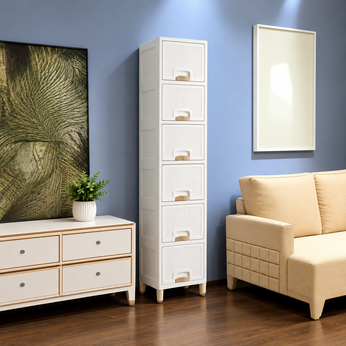 6-Tier Modular Black Storage Cabinet with Ribbed Drawers & Cream Handles