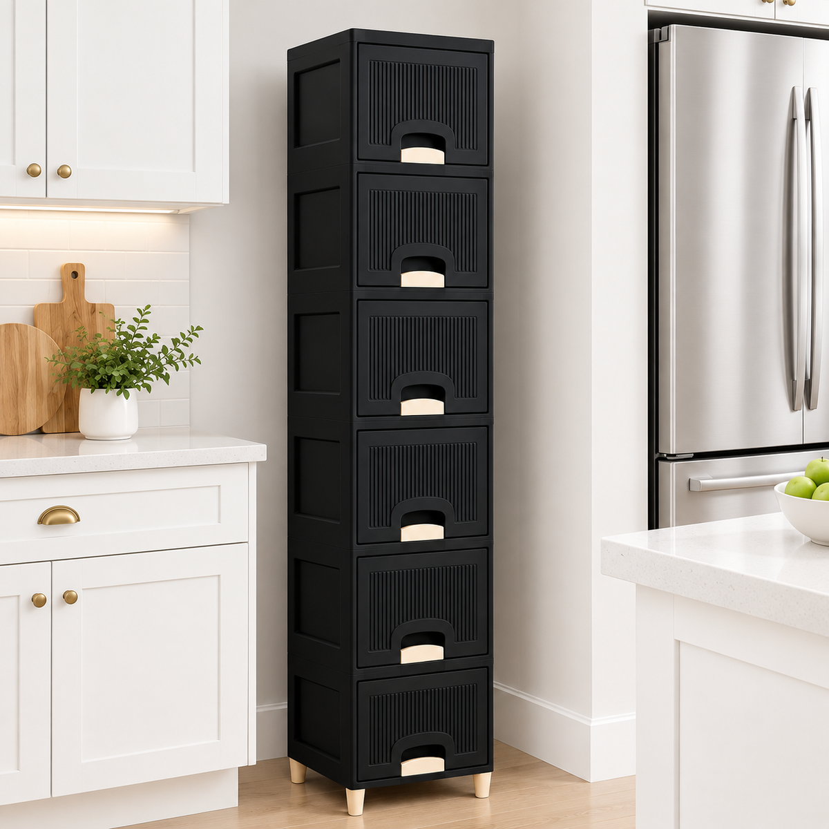6-Tier Modular Black Storage Cabinet with Ribbed Drawers & Cream Handles